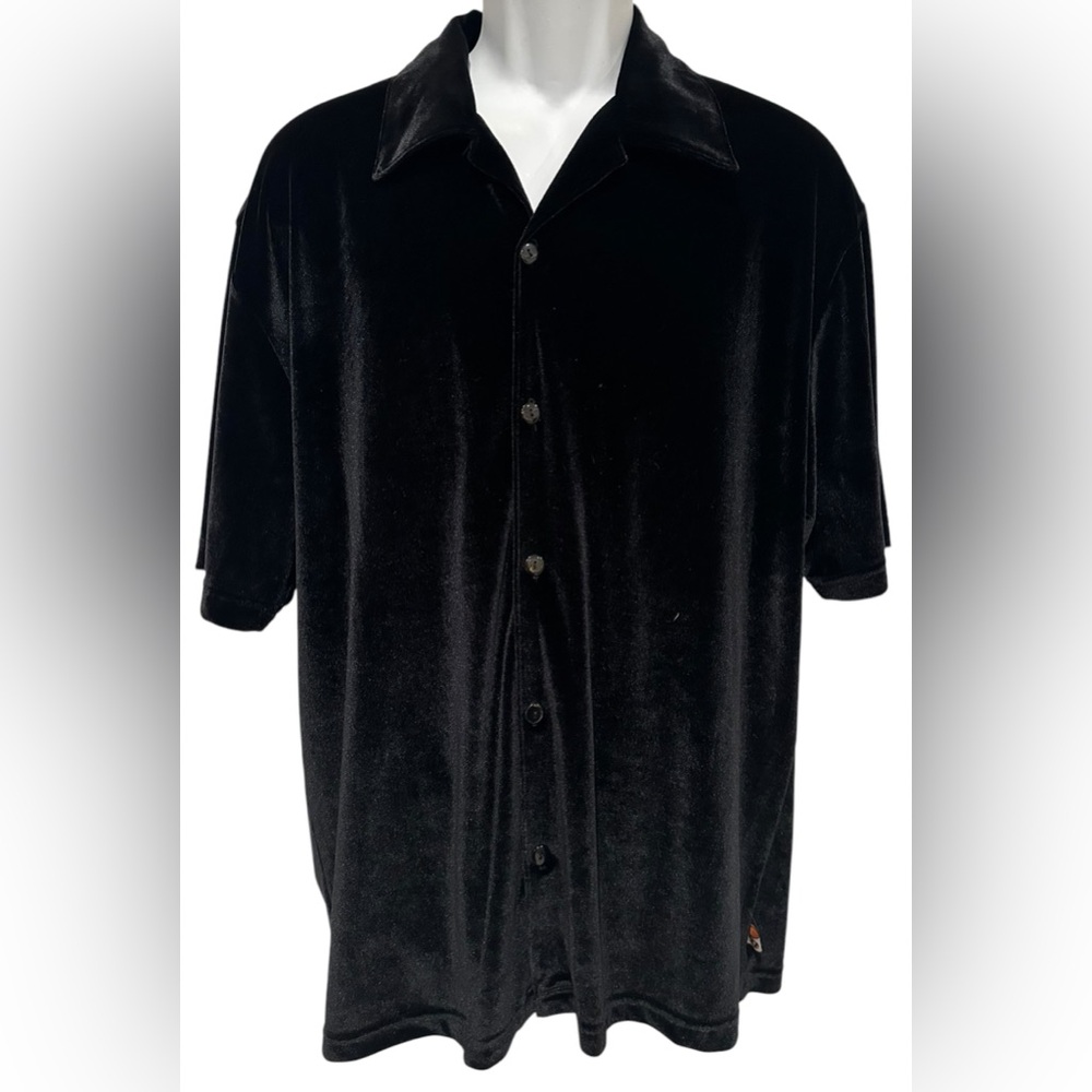 Vintage YMLA Men’s Shirt Black Velvet Button Up Short Sleeve Disco Club M‎